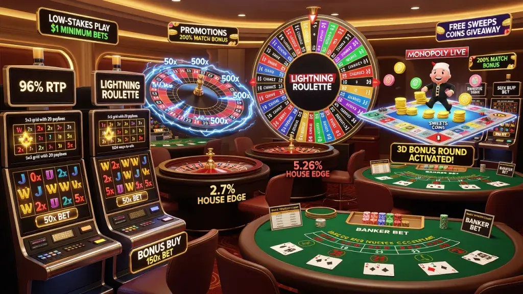 Casino Games Explained: RTP, Paylines, Bonus Buys, House Edge, Live Games, Sweeps Coins, Low-Stakes Play and Promotions
